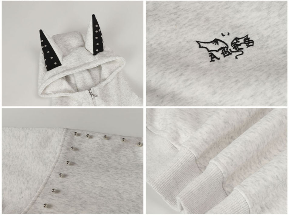 パーカー ドーベルマン耳付きパーカー スタッズ装飾 男女兼用