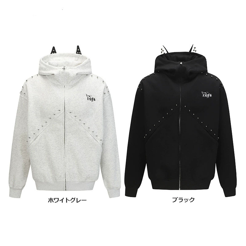 パーカー ドーベルマン耳付きパーカー スタッズ装飾 男女兼用