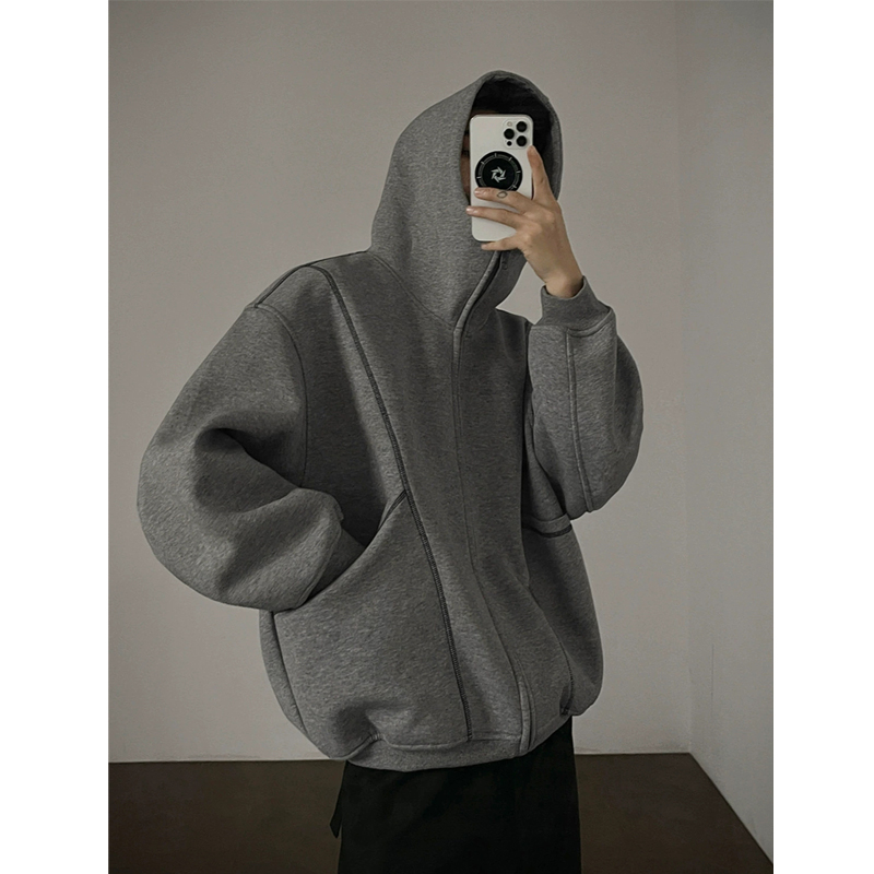 パーカー 無地ジップアップパーカー男女兼用グレー秋冬
