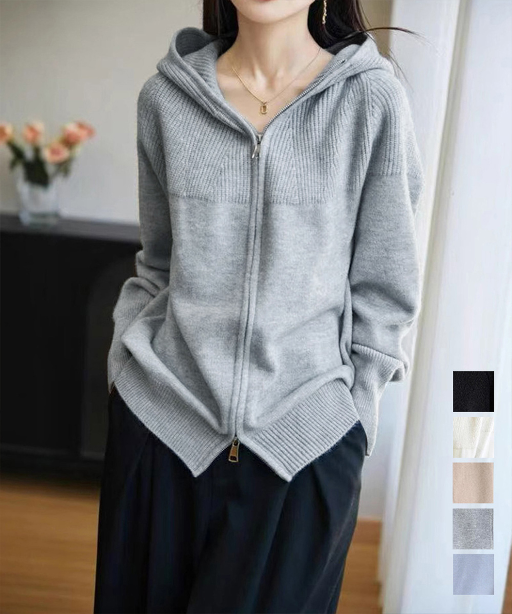 ダブルジップフード付きニットパーカー 体型カバー 春秋羽織り