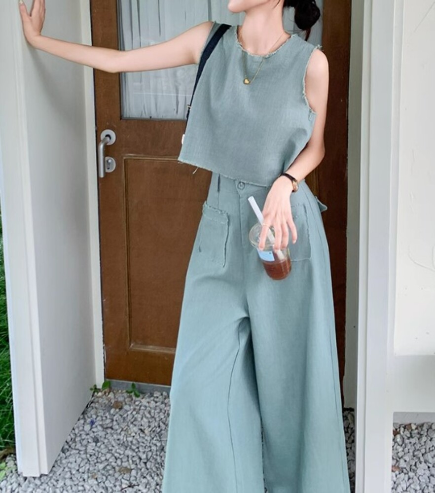 イエベ春/イエベ秋服　こなれ ノースリーブデニム 上下二点セットアップ