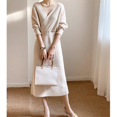 イエベ服　ウエスト痩身クロスネックドレスワンピース（イエベ春向け・イエベ秋向け）