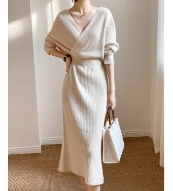 イエベ服　ウエスト痩身クロスネックドレスワンピース（イエベ春向け・イエベ秋向け）