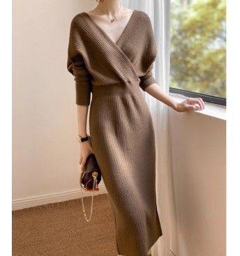 イエベ服　ウエスト痩身クロスネックドレスワンピース（イエベ春向け・イエベ秋向け）