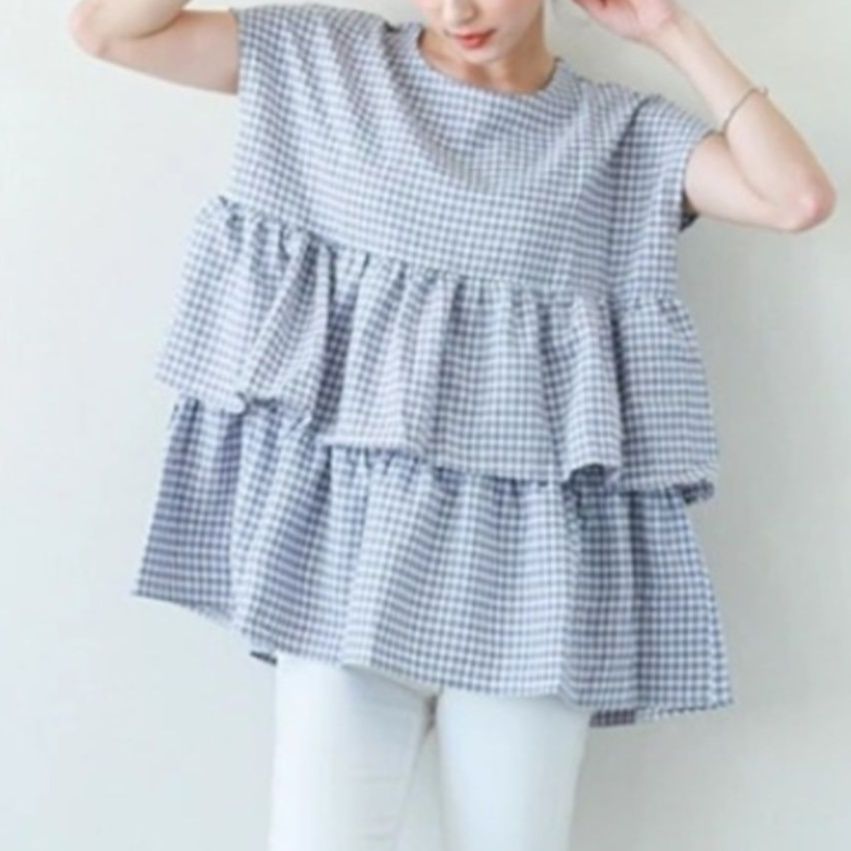 イエベ服　格子柄ティアードペプラムブラウス（イエベ春向け・イエベ秋向け）