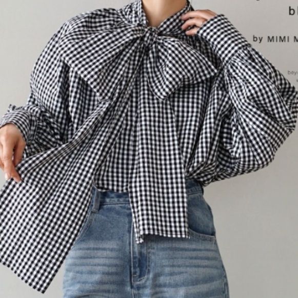 イエベ服　格子柄リボン付きボリューム袖ブラウス（イエベ秋向け）
