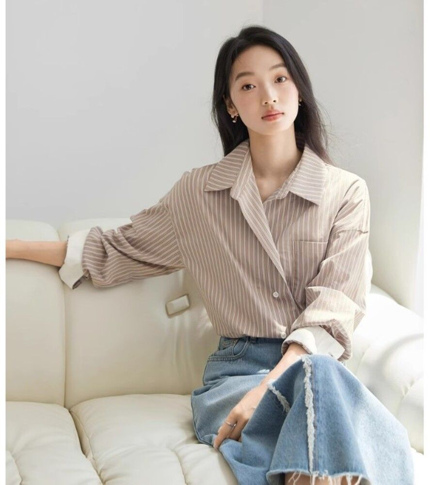 イエベ春/イエベ秋服　ストライプルーズシャツ 