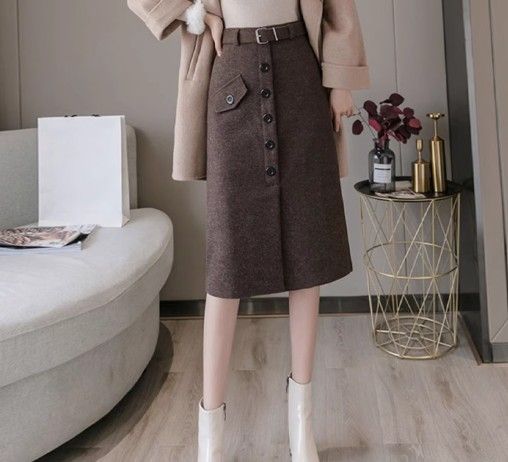 イエベ秋服　ウェストベルト付きウールミディスカート 