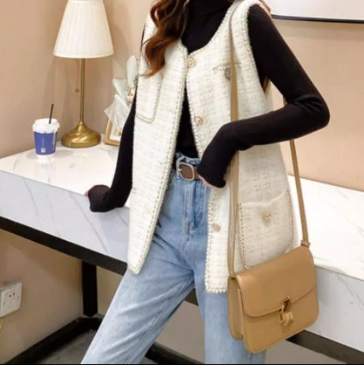 イエベ春/イエベ秋服　ジレ金ボタンツイード風ニットジレ