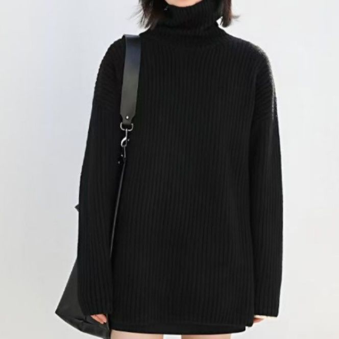 イエベ春/イエベ秋服　リブ編みタートルネック長袖ニットセーター