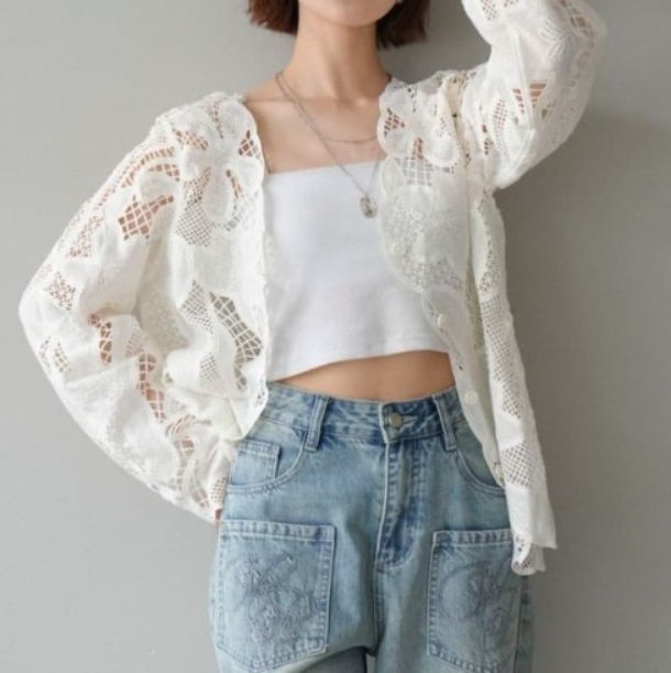 イエベ春/イエベ秋服　透かし編み花柄ロング羽織カーディガン