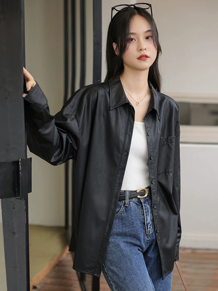イエベ春/イエベ秋服　レトロ 合成皮革 ゆったり シャツジャケット