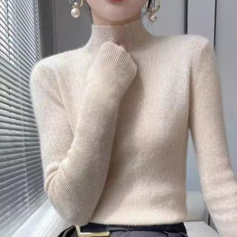イエベ春/イエベ秋服　リブ編み モックネック スリム 長袖ニット