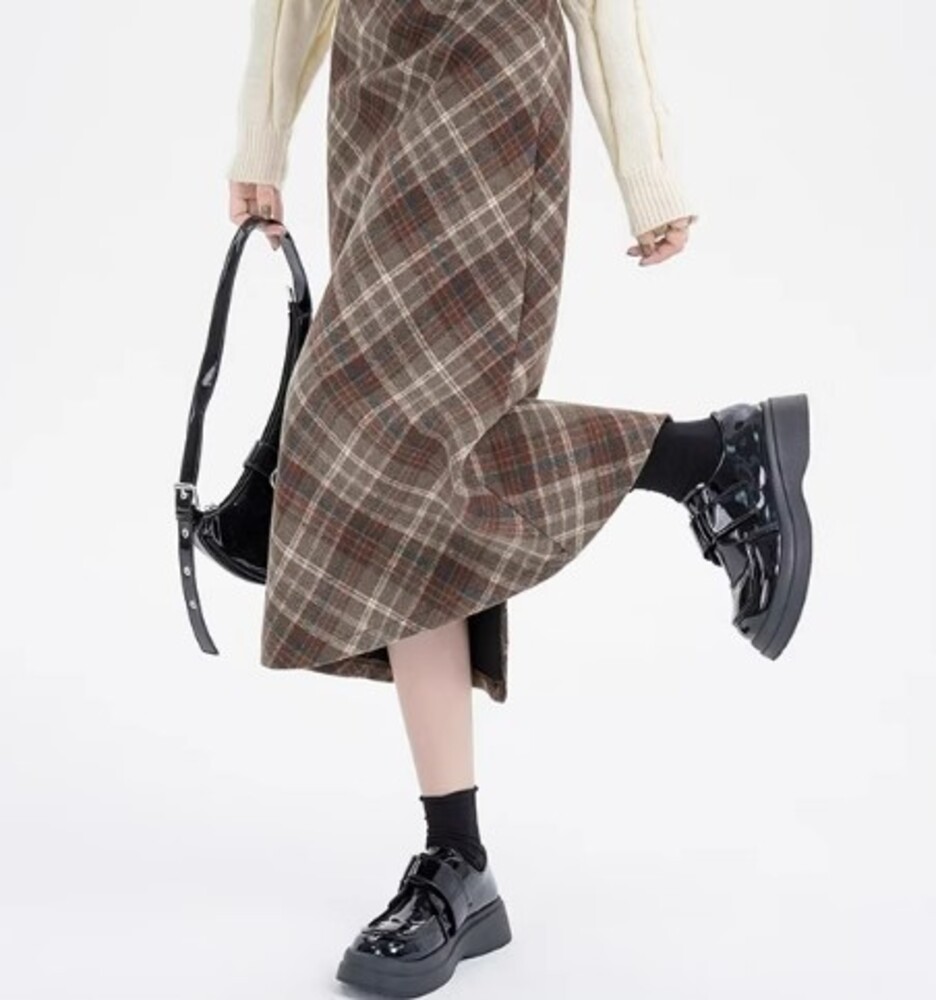 イエベ春/イエベ秋服　アメリカンレトロチェック柄ロングスカート