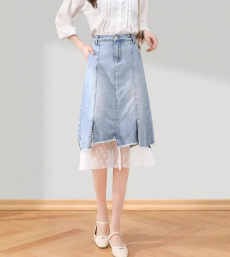 イエベ春服　レース付きデニムスカート