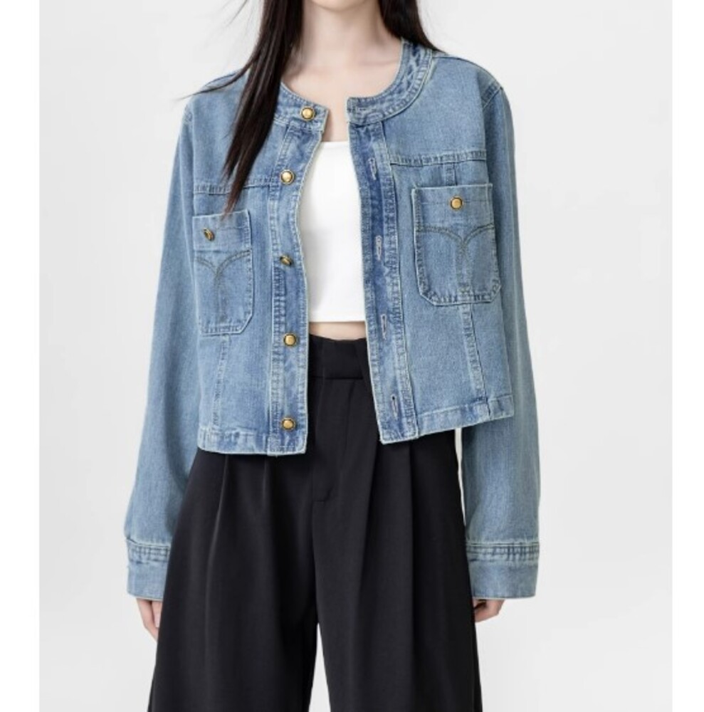 イエベ春服　ノーカラード デニムジャケット