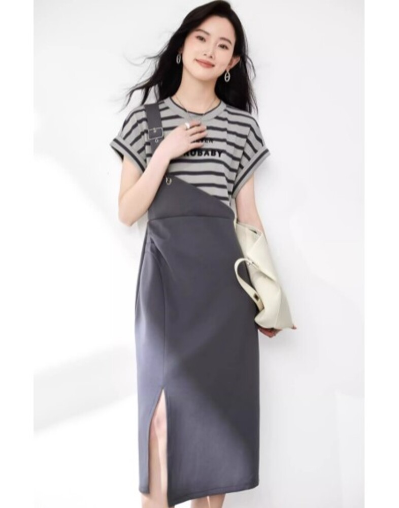 イエベ秋服　重ね着風サスペンダー付きワンピース