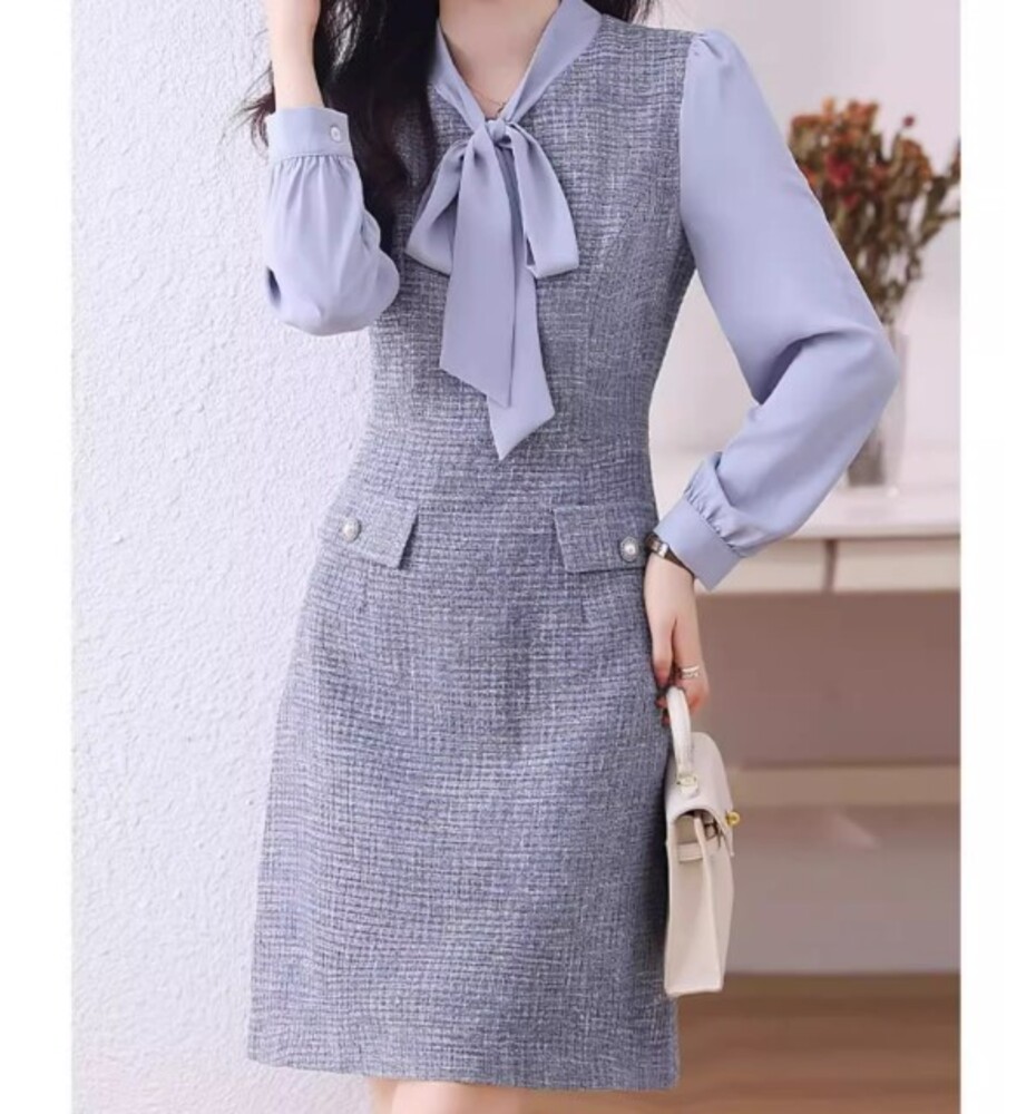 イエベ春/イエベ秋服　リボンネックAラインレイヤードワンピース