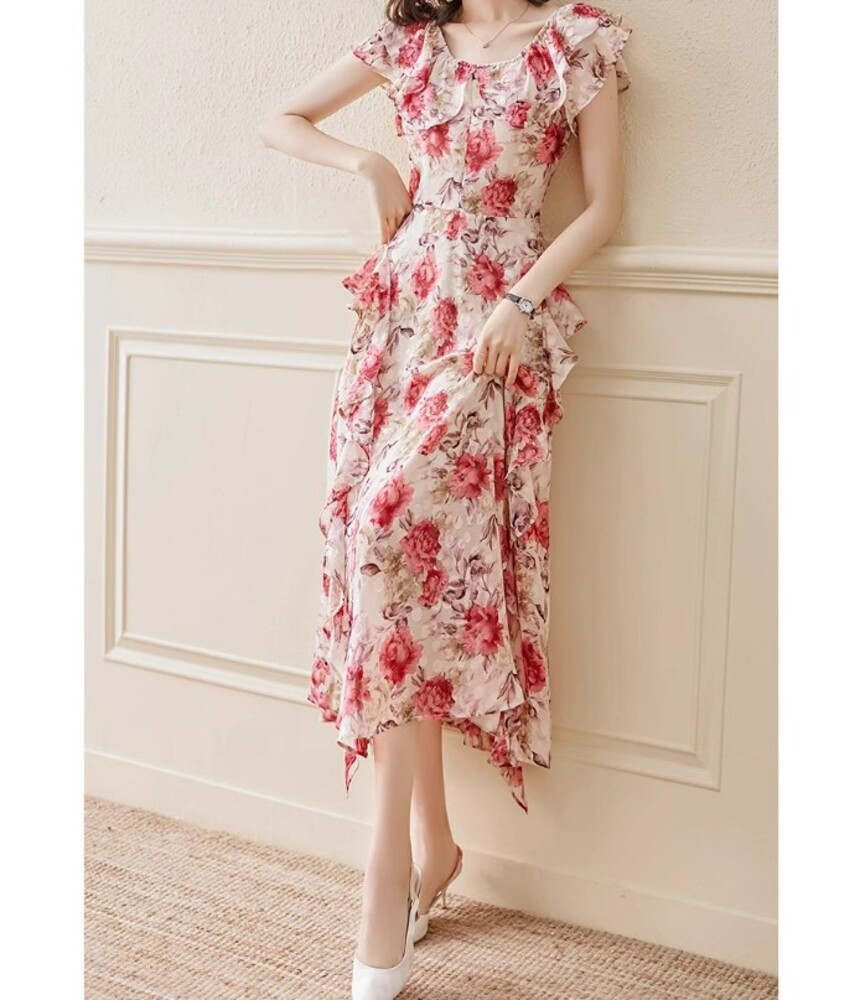 イエベ春服　シフォン花柄ワンピース