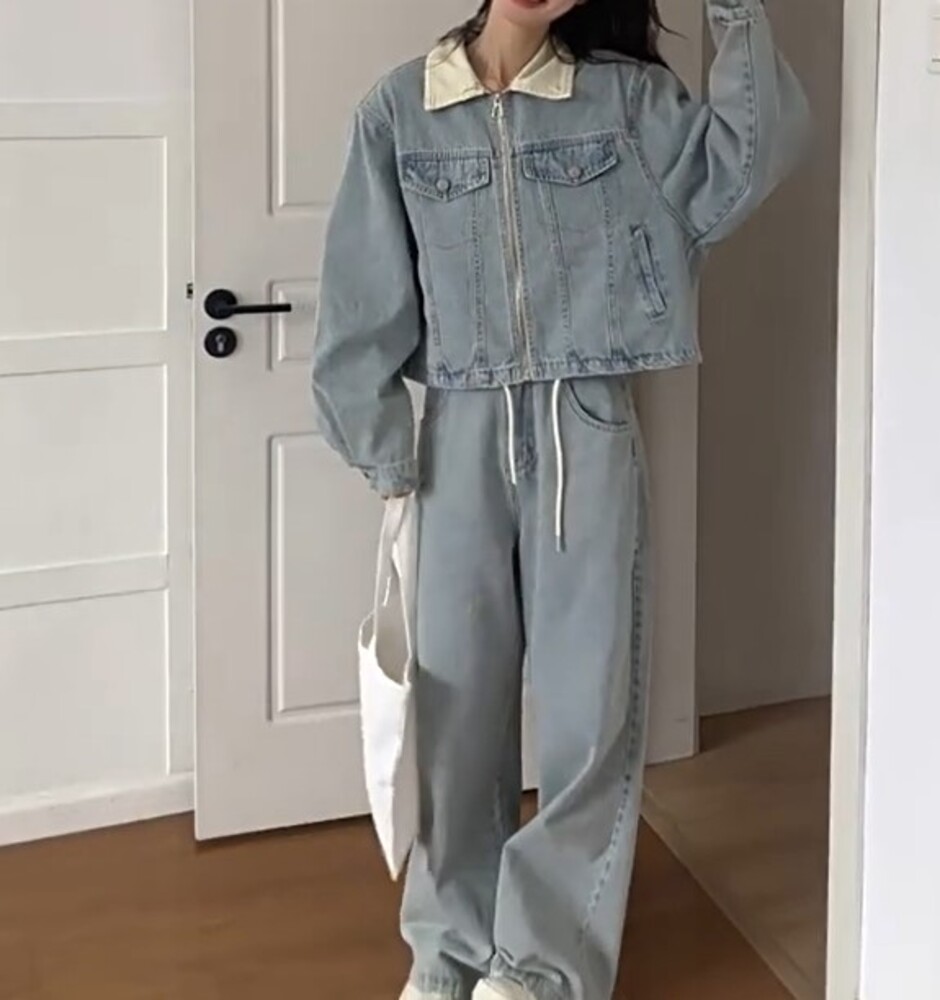 イエベ春服　デニムショートジャケット×デニムワイドパンツセットアップ