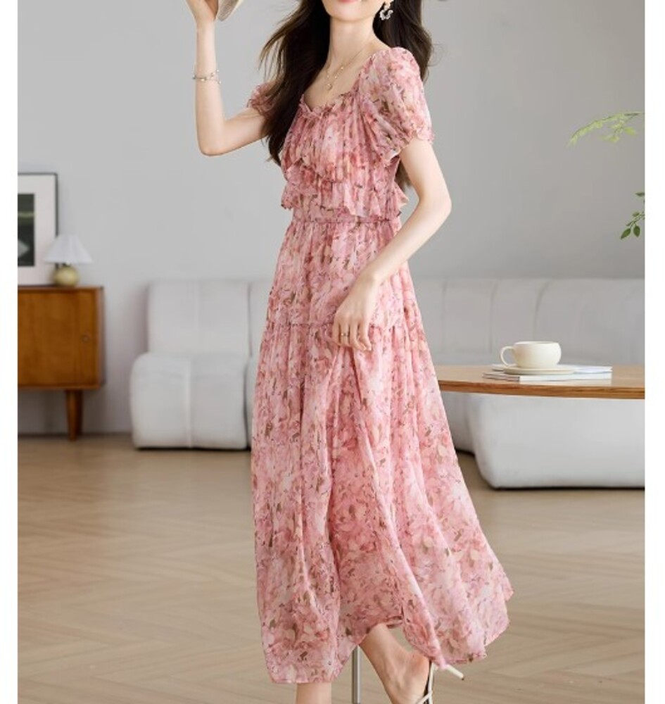 イエベ春服 フラワーシフォンワンピース キャミソールワンピース