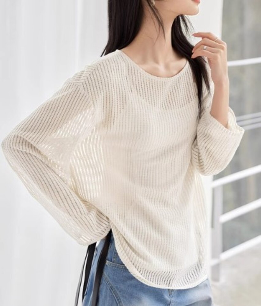 イエベ春/イエベ秋服　透け感 ロングスリーブ シースルーリブニット 重ね着