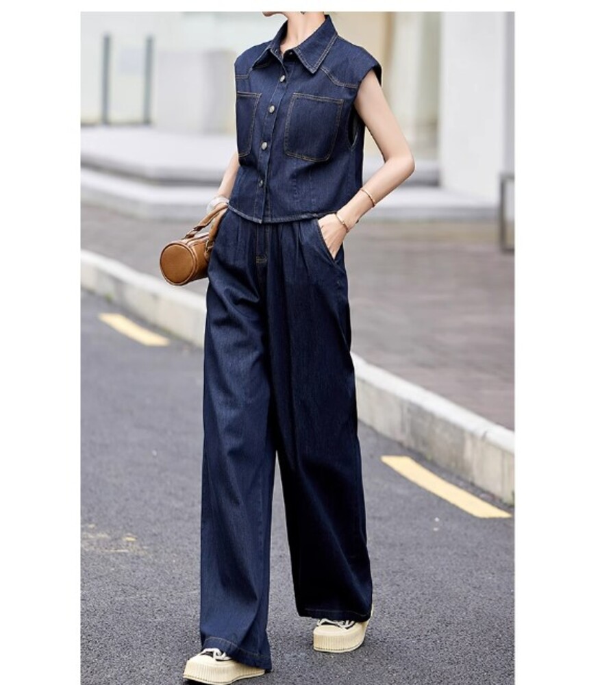 イエベ秋服　こなれ感漂う デニム ノースリーブジャケット×パンツ セットアップ