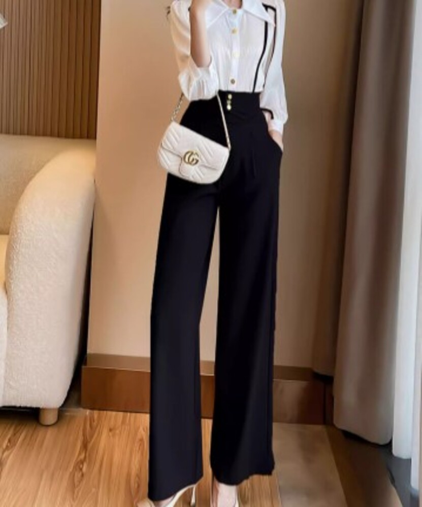 イエベ春/イエベ秋服　ライン入りシャツ × ハイウエストパンツ セット
