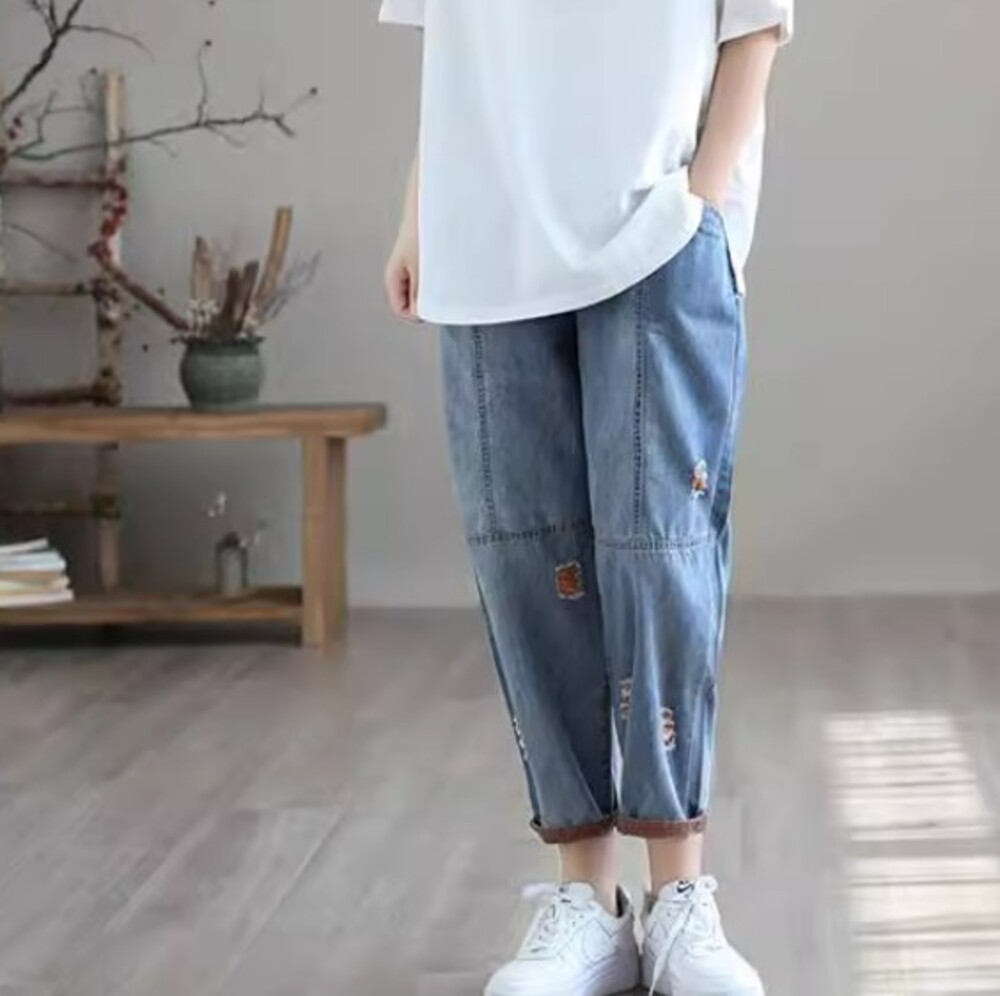 イエベ春/イエベ秋服　ロールアップ ダメージ風 デニムパンツ
