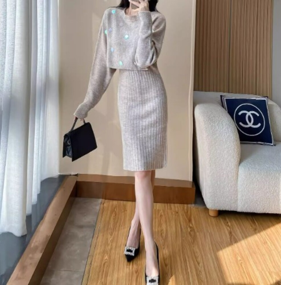 イエベ春/イエベ秋服　リブニットワンピースセット