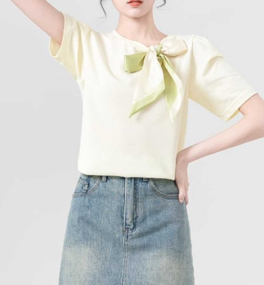 イエベ春服　リボン付き クロップドTシャツ