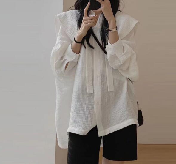 大きめ襟ボウタイ長袖ブラウス体型カバー白無地