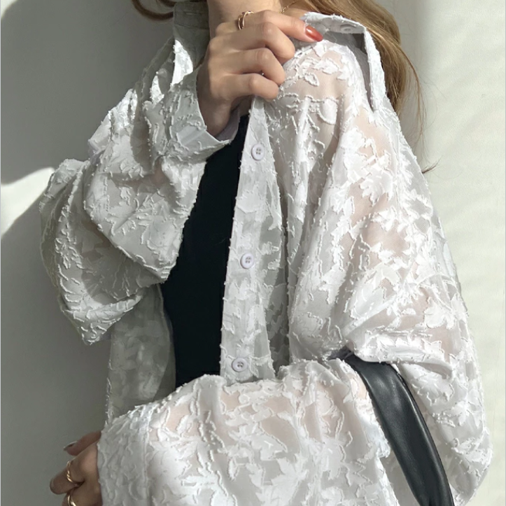 ブラウス 花柄刺繍シアーブラウス