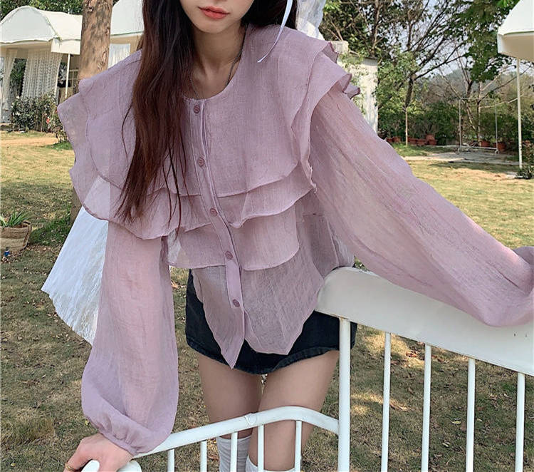 フレア袖ラウンドネック長袖ブラウス体型カバー