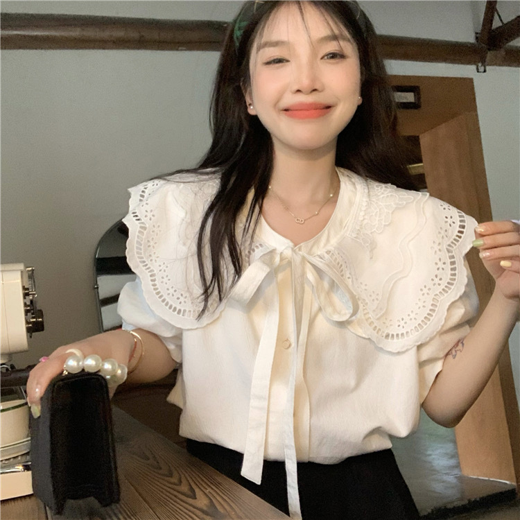 レース襟ボウタイブラウス半袖ゆったり可愛いレディース