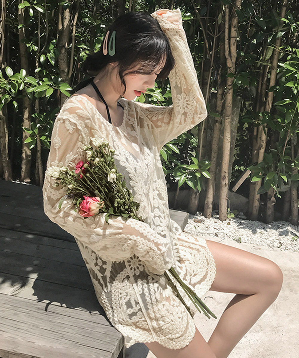 ブラウス 花柄刺繍 パフスリーブ 透かし編み水着カバー 夏海