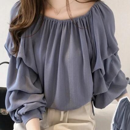 夏の新作オフショルダーシフォンブラウス長袖 パフスリーブ