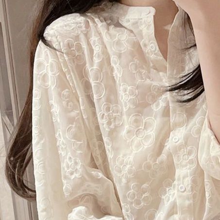 ブラウス花柄刺繍レース長袖パフスリーブ