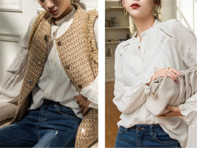 純白パフスリーブブラウス長袖レース装飾シャツ