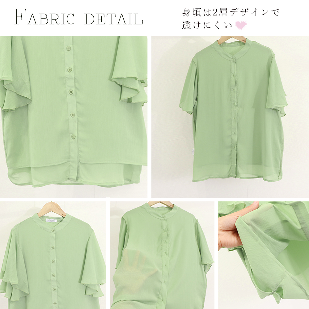 フレア袖シャツブラウス バンドカラー 夏用