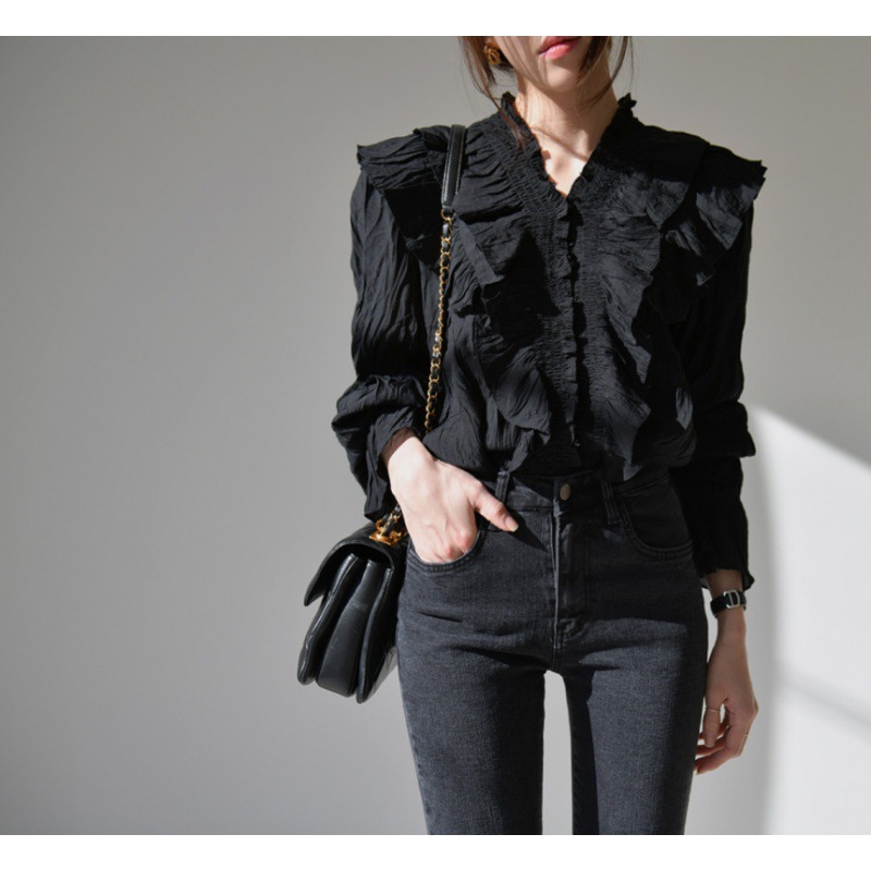 フリル襟長袖ブラウス レディース上品シャツ