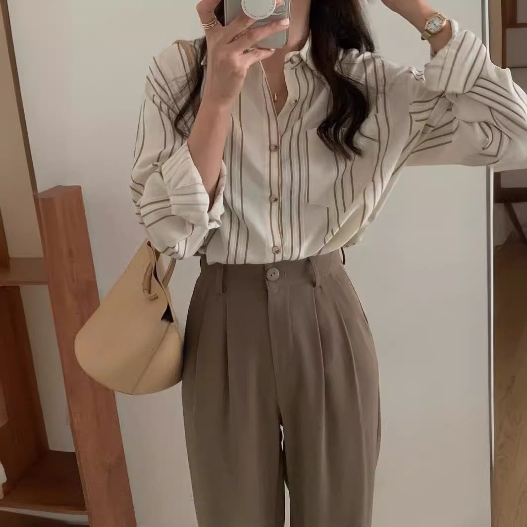 ストライプ長袖シャツブラウス個性的レディース