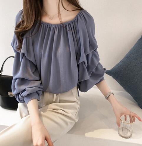 夏の新作オフショルダーシフォンブラウス長袖