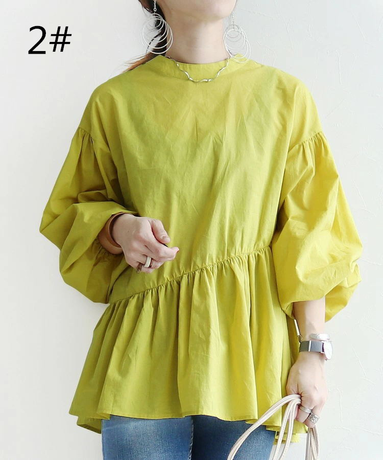 ラウンドネック パフスリーブ ブラウス レディース