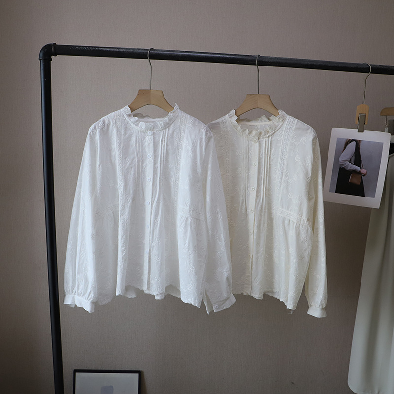 韓国風刺繍レースブラウス長袖白シャツ2色