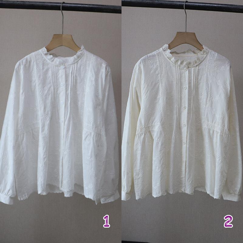 韓国風刺繍レースブラウス長袖白シャツ2色
