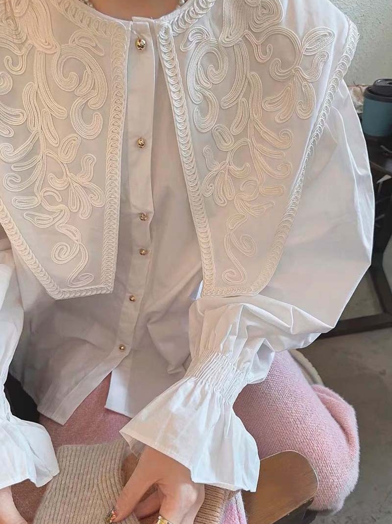 刺繍長袖ブラウス パフスリーブ 白 春秋レディース