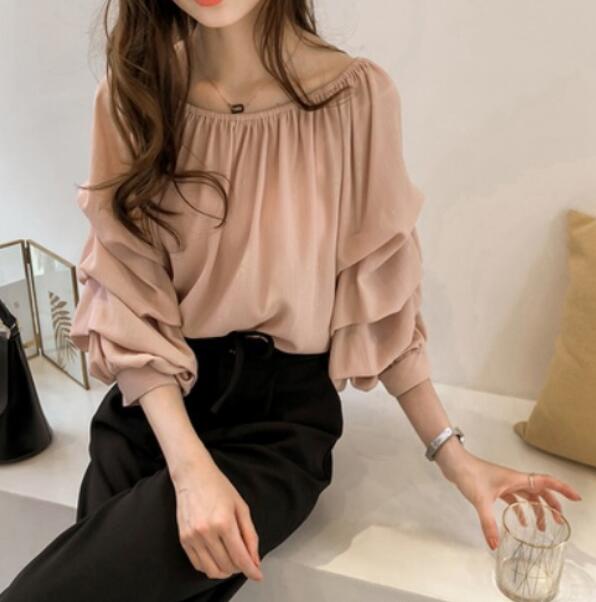夏の新作オフショルダーシフォンブラウス長袖