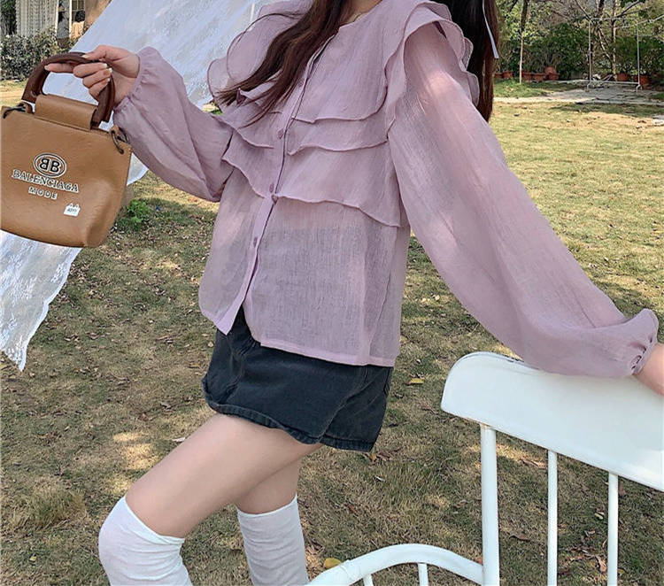 フレア袖ラウンドネック長袖ブラウス体型カバー