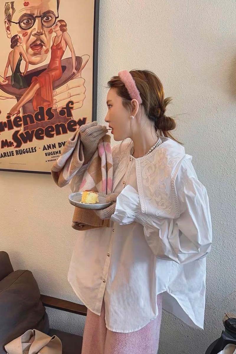 刺繍長袖ブラウス パフスリーブ 白 春秋レディース